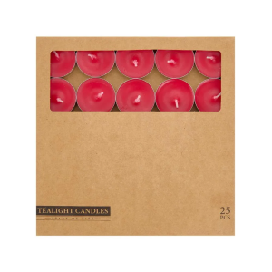 25 ədəd tealight mum, çiyələk ətirli, 3,8×1,25 sm, qırmızı rəngli